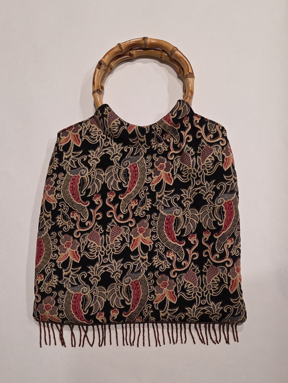 St John's Bay, Vintage Bamboo Handle Black Floral Paisley Tote Purse with Fringe